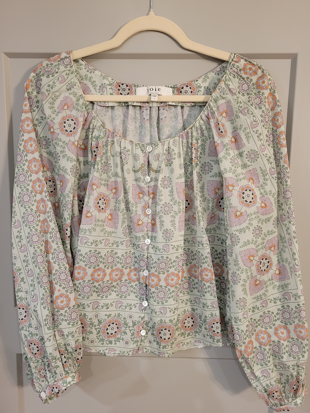 Joie Damarre Gathered Printed Cotton Top In Green Size Small